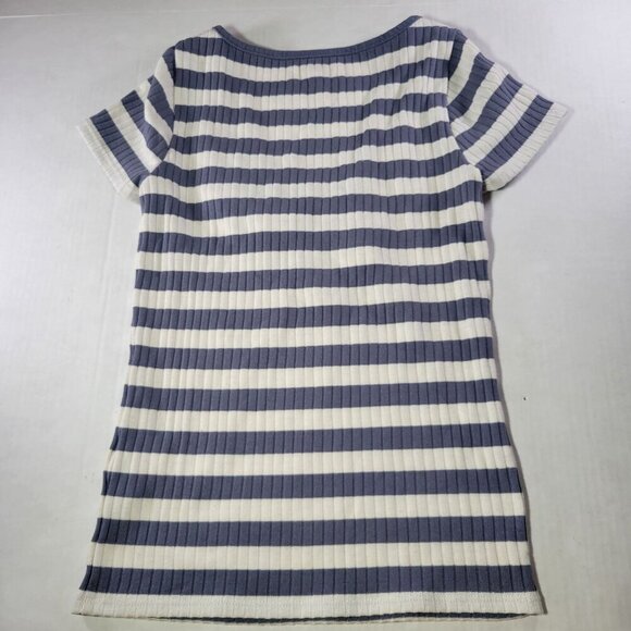 Madewell Women Cotton Blue & White Striped Ribbed Short Sleeve V-Neck Top XS - Picture 5 of 5